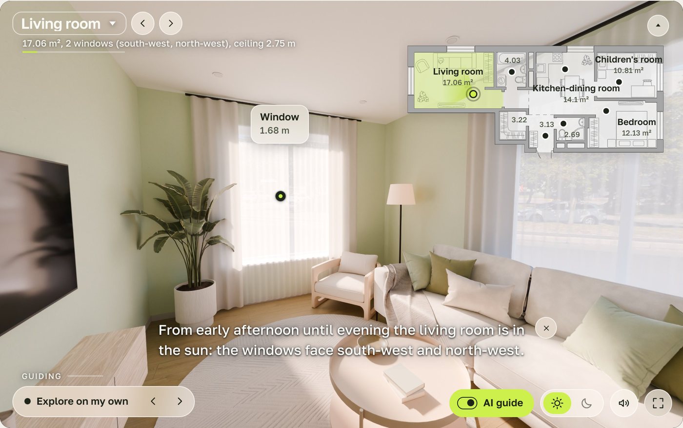 The AI guide in the tour: labels on the furniture and its line on screen
