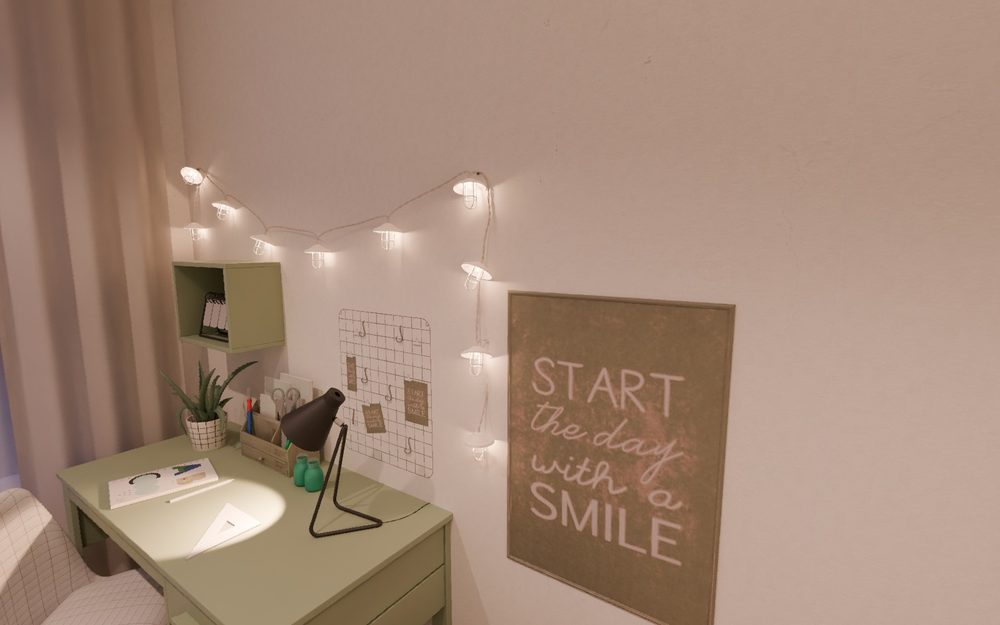 A children's room in the evening: string lights above the desk