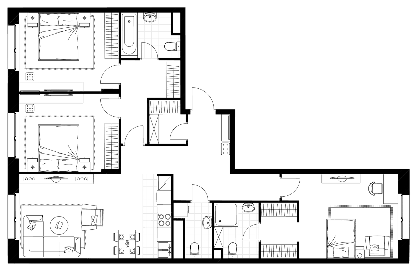 Floor plan of a three-bedroom apartment with furniture